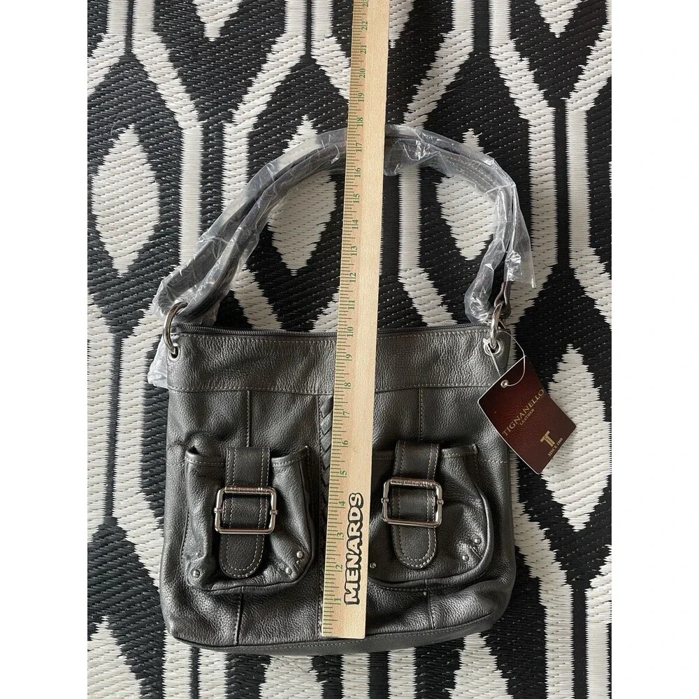NWT Tignanello Gray Pebbled Leather Hobo Shoulder Bag Braided Buckle Pocket Y2K